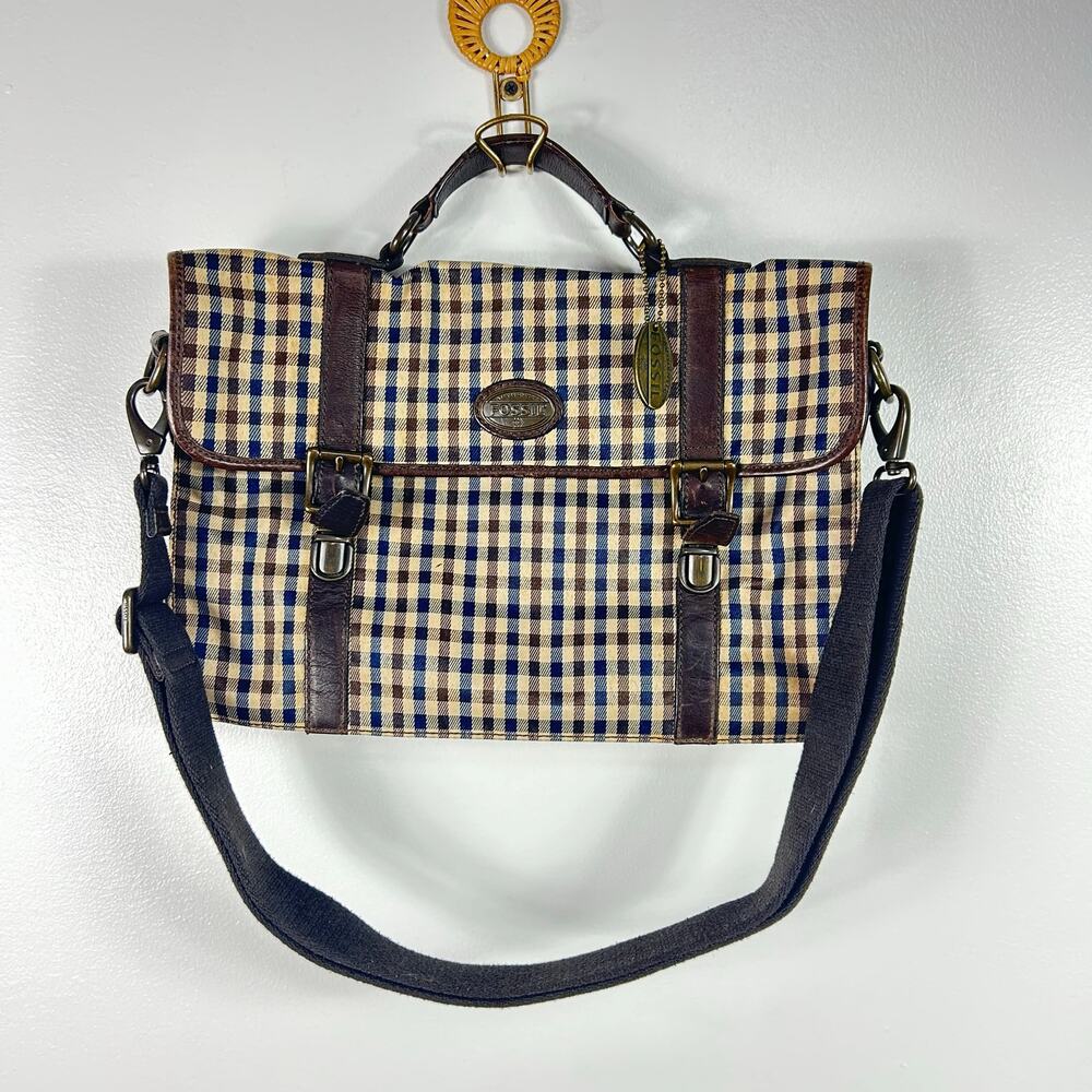 Fossil Navy Blue and Cream Plaid Shoulder Bag